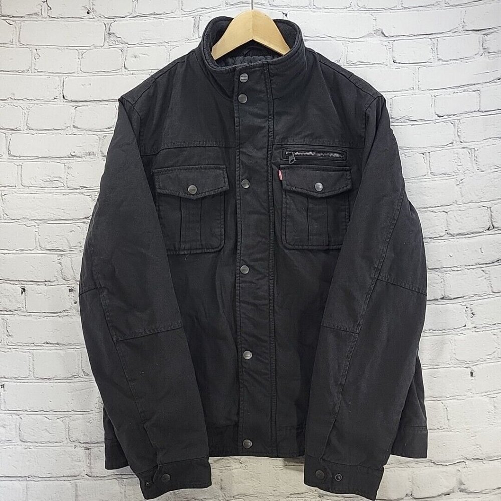 Levi Levis Bomber Jacket Black Mens Sz L Snaps Over Zipper Snapped Pockets